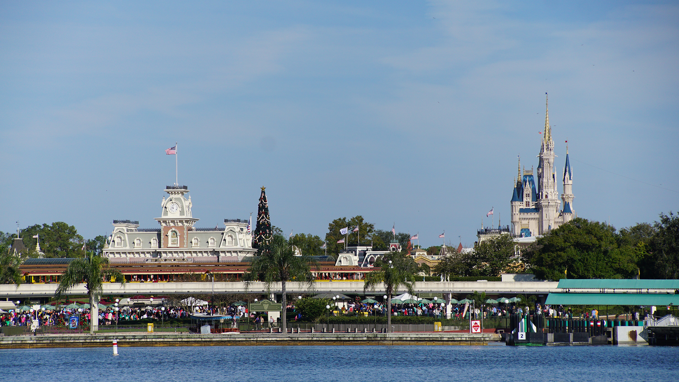 Castle and Disney Train station above lagoon