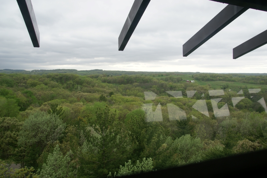Gray clouds hang low over rolling hills covered in trees
