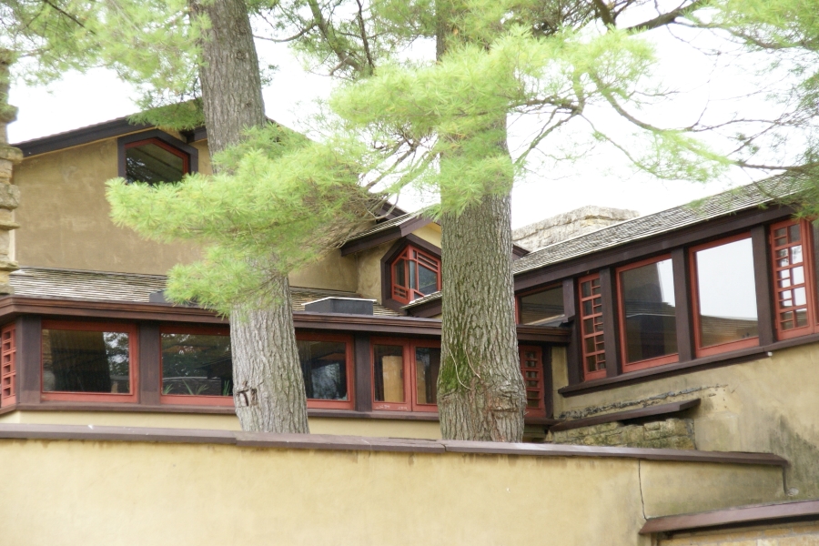 Large windows with red trim set in yellow stucco walls look out on trees growing amongst the retaining walls