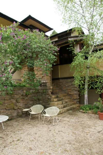 Trees grow near stone steps leading up from a patio to the house